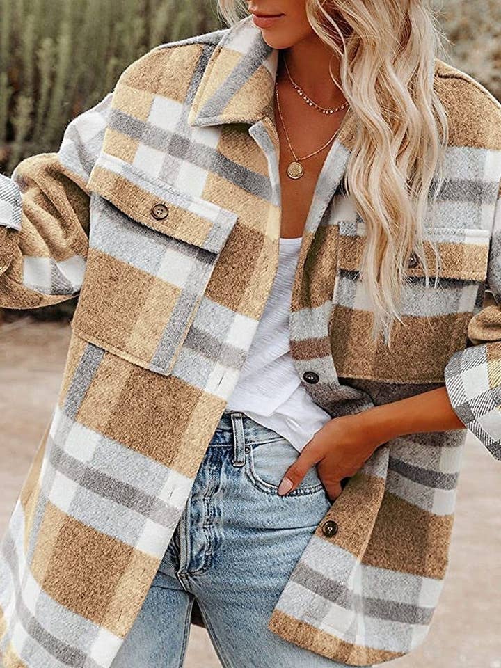 NINEXIS - Wholesale Shirt Jacket/Shacket - Women's - CWOCO0273_PLAID POCKET BUTTON FLANNEL SHIRT JACKET