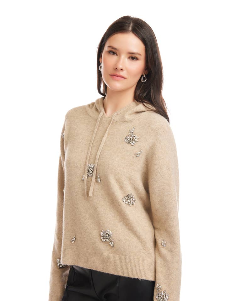 Heather Oatmeal F Krystal Embellished Hoodie for wholesale on Faire4