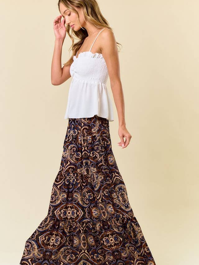 Saints & Hearts - Wholesale Skirt - Women's - SS1147O BLACK/TAUPE PAISLEY PRINT TIERED MAXI SKIRT2