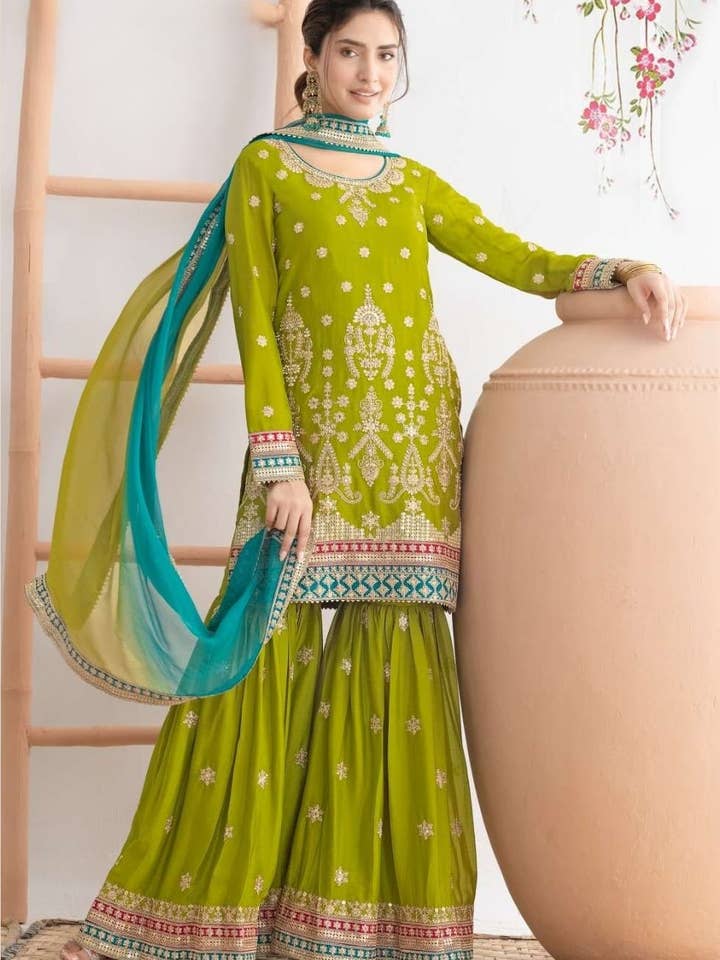 Green Chinon Silk Sharara Suit For Indian & Pakistani Wedding Festival - Sequins & Thread Embroidery Work, Dori Work for wholesale by HATKE BRIDE