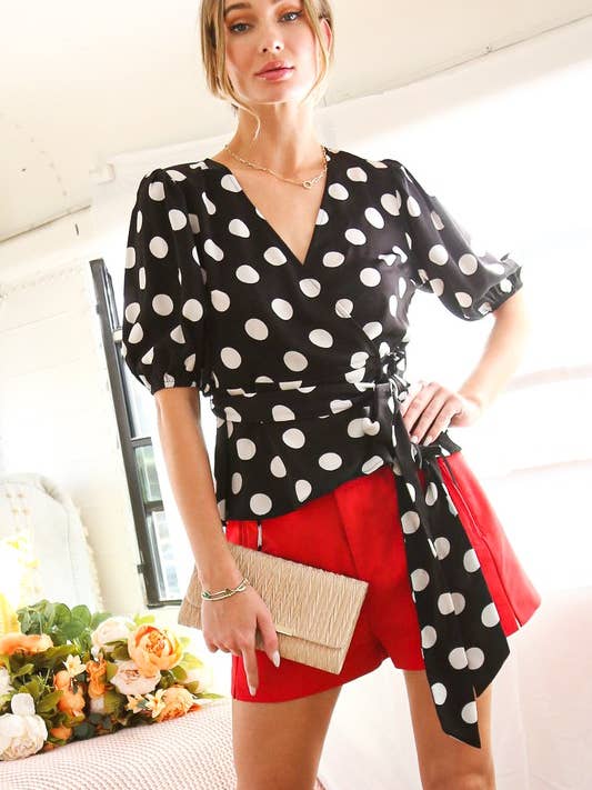 Surplice V-Neck Short Puff Dots Print Blouse Top VT81417 for wholesale by Vine & Love