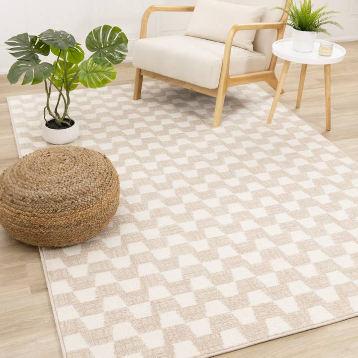 Century Cream Beige Small Checkered Pet-Friendly Area Rug for wholesale by Kalora