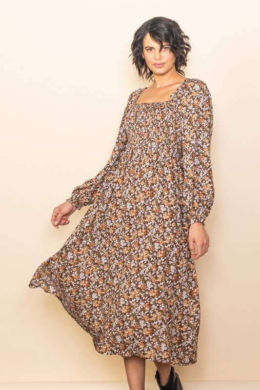 Elloh Collection – wholesale Dress – Women's – On Off Shoulder Long Sleeve Wide Flare Floral Midi Dress11