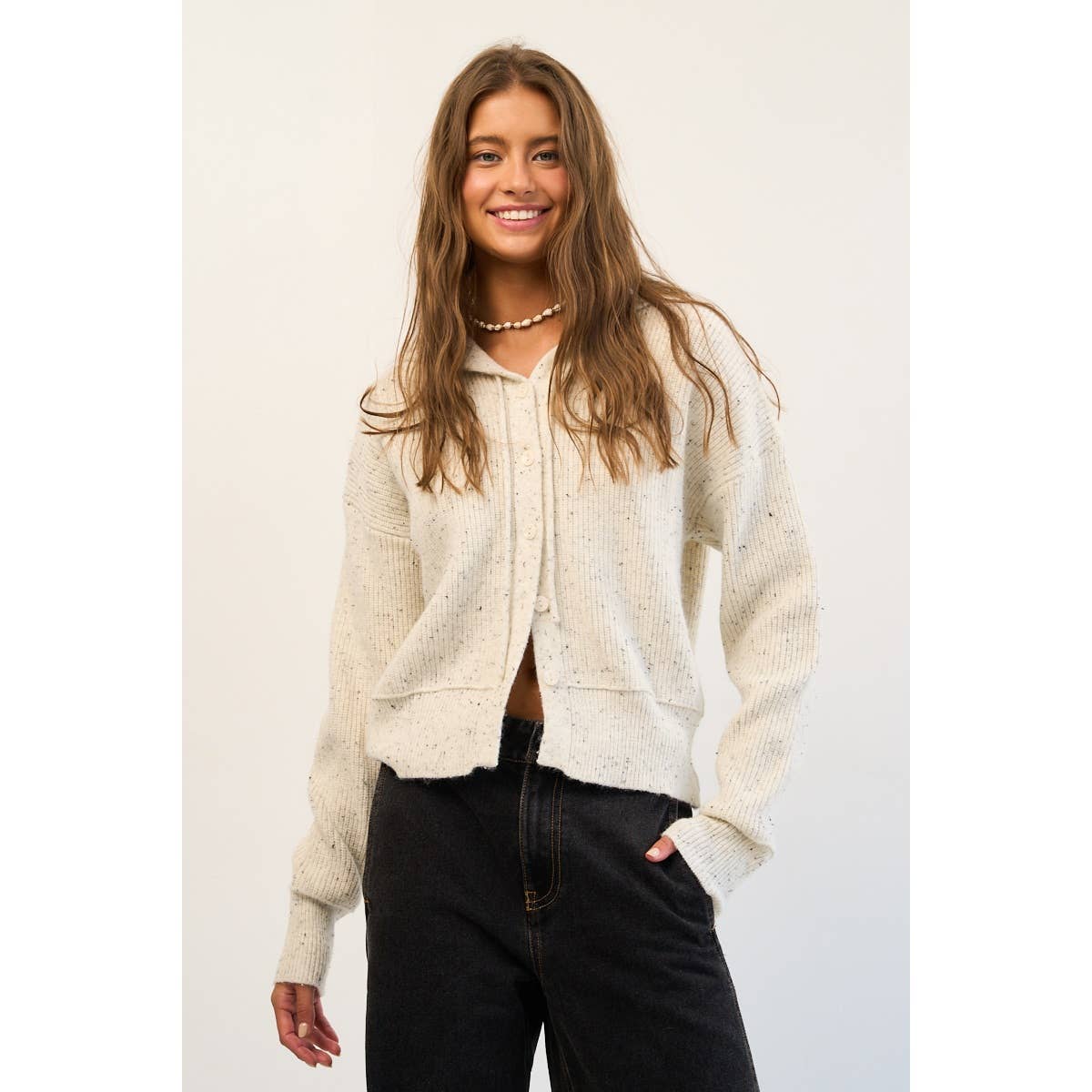 The GREii - Vente Pull en maille – femme - Cardigan à capuche en tricot moucheté avec boutons9