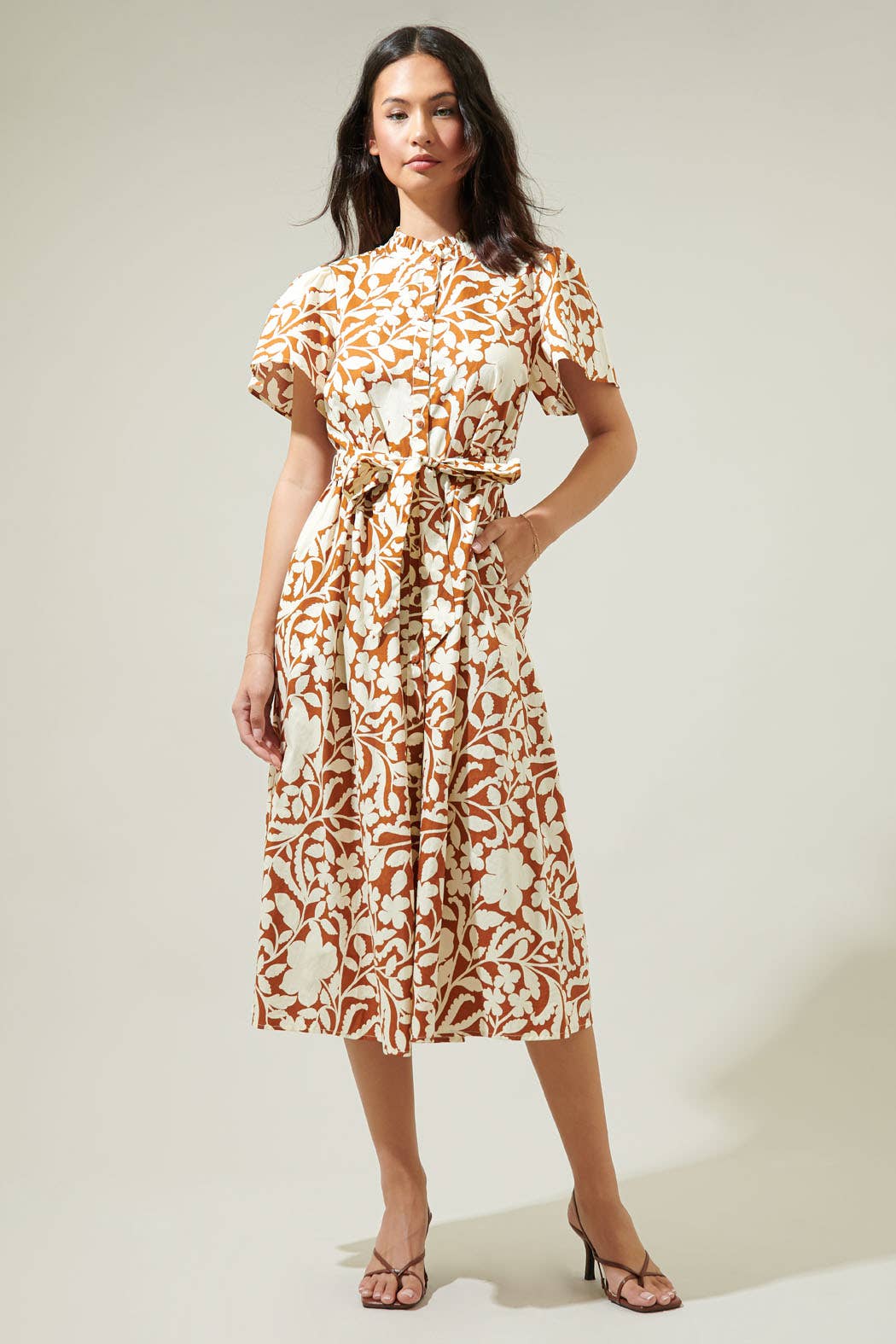 CREAM BROWN Aurelia Floral Babydoll Midi Dress for wholesale on Faire0