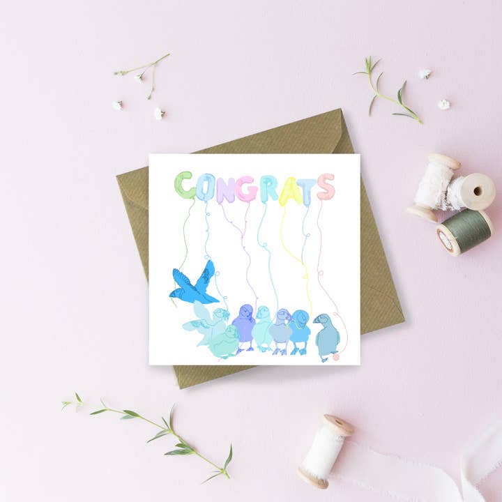 Biglietto di auguri Congratulations Puffins per la vendita all'ingrosso da parte di Sayers Studio