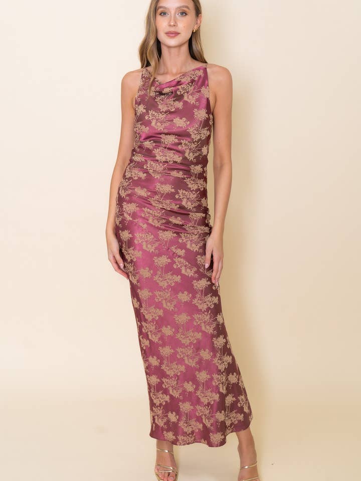 FLORAL PRINT HIGH COWL NECK MAXI SLIP DRESS-DI10657FO for wholesale by Fore Collection