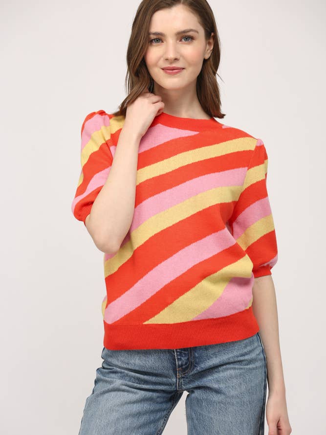 STRIBE KORT PUFF ÆRME SWEATER FW8954 for engroshandel hos FATE