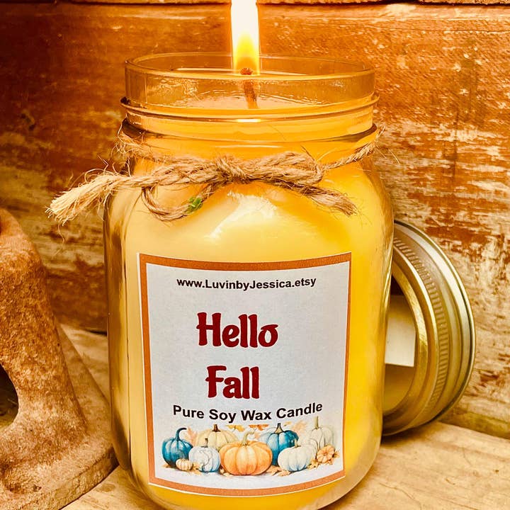 Hello Fall Soy Candle: Autumn Decor, Thanksgiving Gift #2 for wholesale by LuvinbyJessica.etsy.com