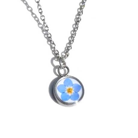 Pressed Forget Me Not Tiny Circle Necklace for wholesale by My Beverly Jewelry