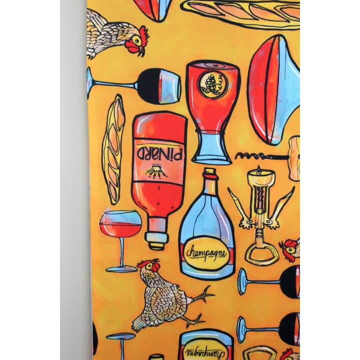Atelier Vero – Wholesale Art & Gifts: Coastal, Cats, Blooms - Vendita all'ingrosso Runner - Divertente runner da tavola, vino e polli, biancheria da cucina gialla