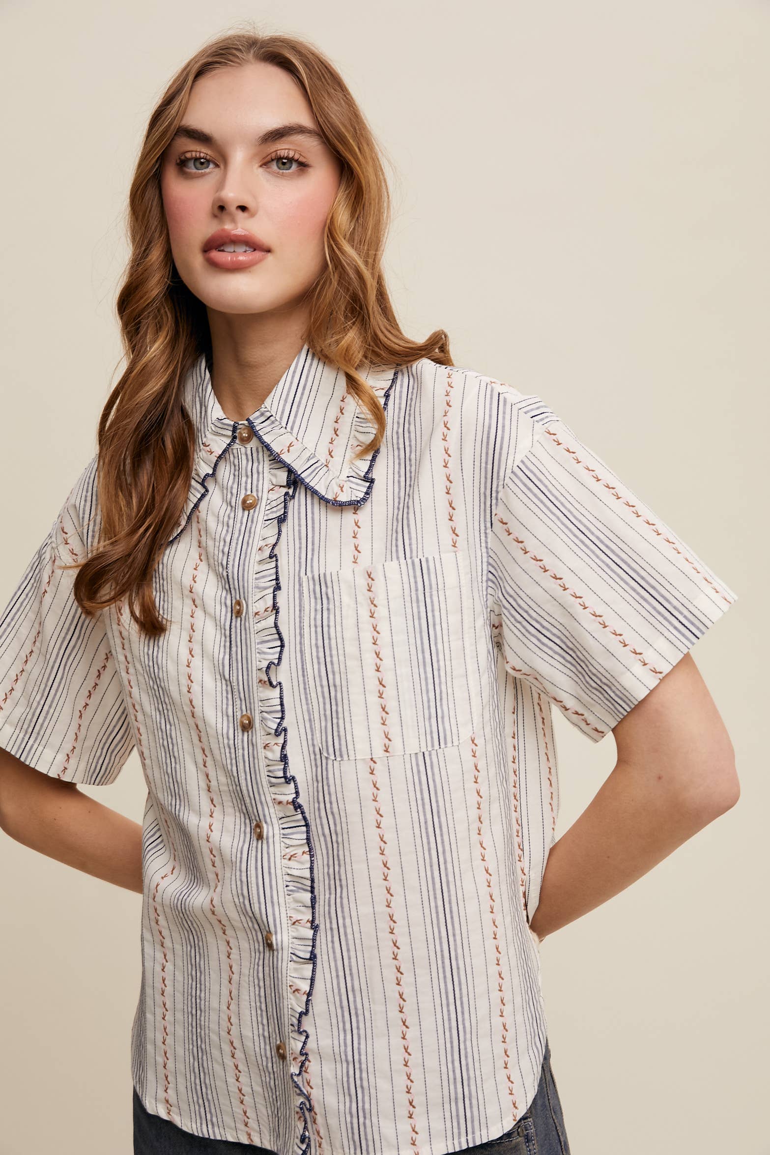 Listicle - Wholesale Button Down Shirt - Women's - Striped Embroidered Button-Down Blouse3