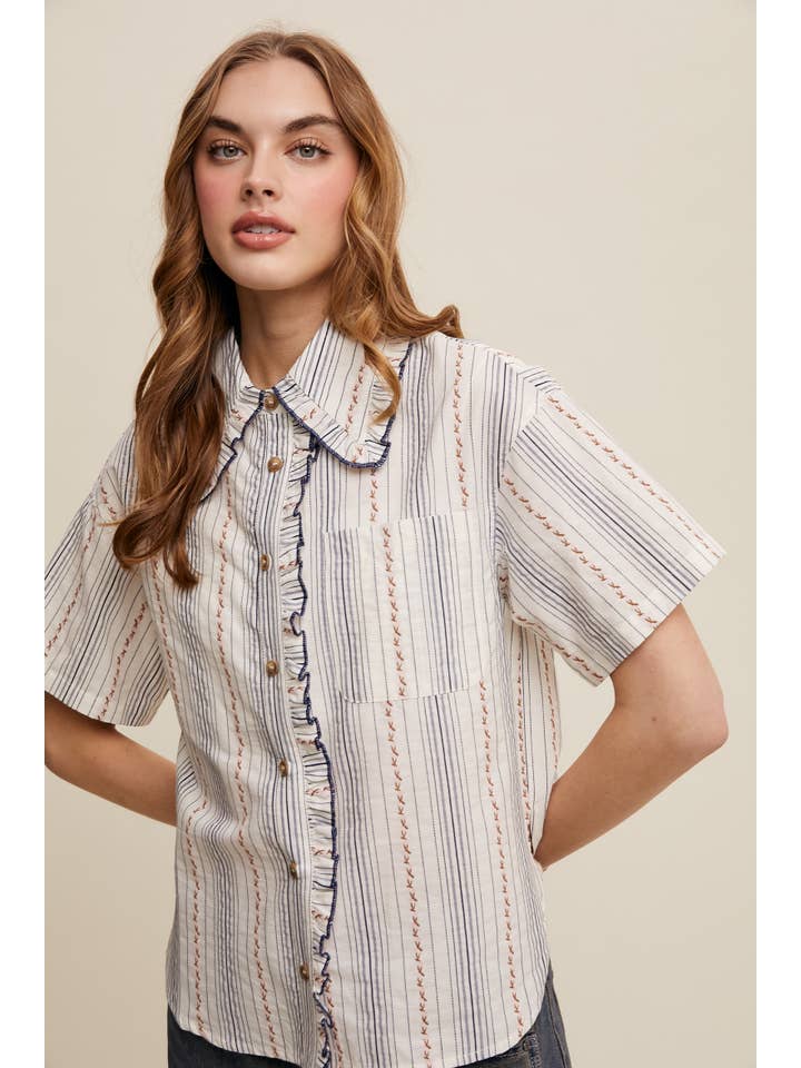 Listicle - Wholesale Button Down Shirt - Women's - Striped Embroidered Button-Down Blouse3