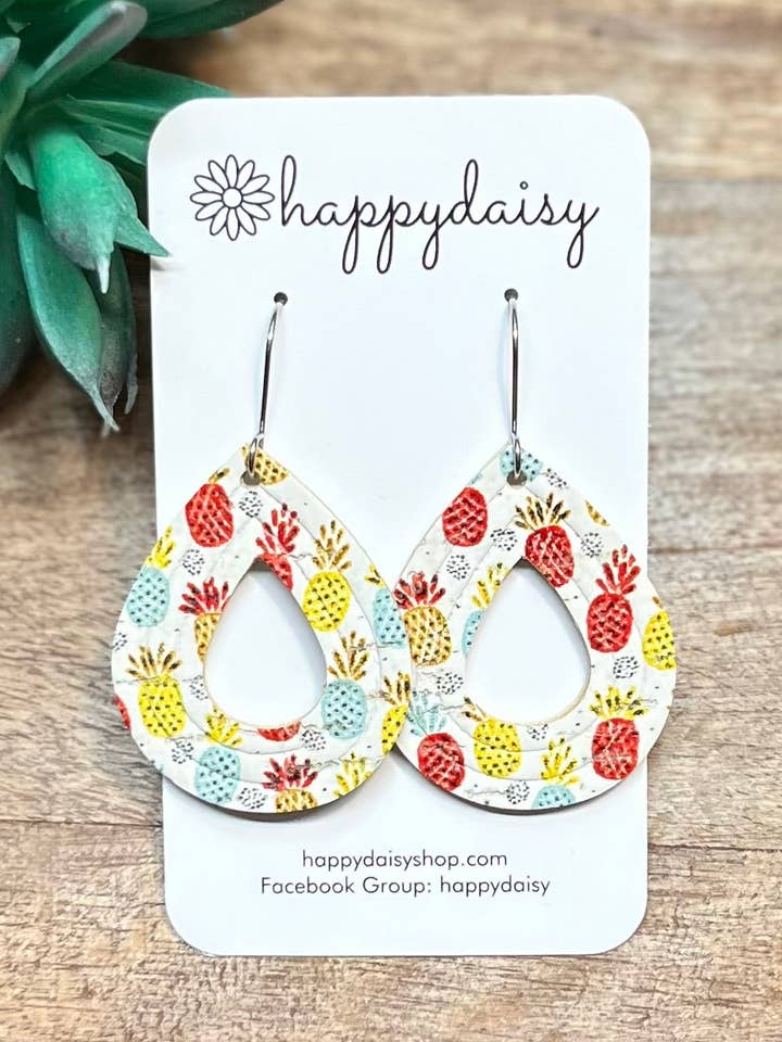 Boucles d'oreilles COL en forme de larme gaufrées à imprimé ananas estival pour la vente par happydaisy