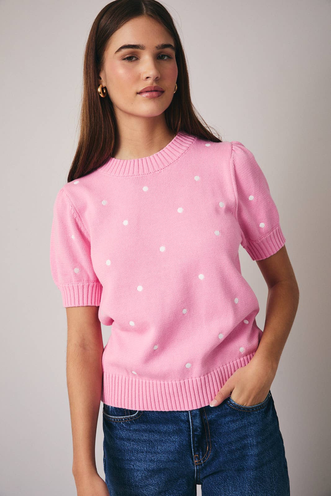 Sunday Edition - Wholesale Knit Sweater - Women's - ROUND NECK PUFF SHORT SLEEVE "POLKA DOT" EMBROIDERED SWEATER18