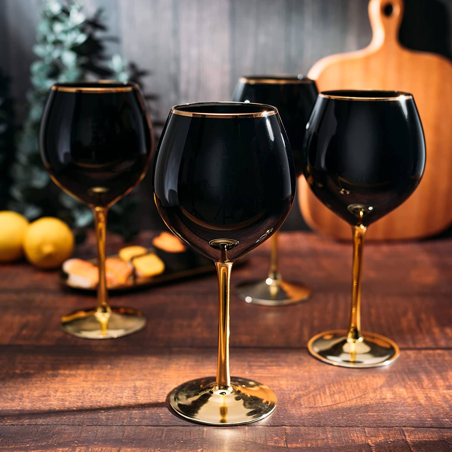 The Wine Savant /  Khen Glassware - Wholesale Wine Glass - Set of 4 Black Wine Glasses Gold Stemmed 14 oz3