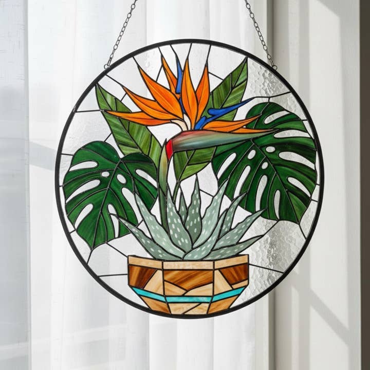 Plantefarvet glas solfanger, Monstera & tropiske blade for engroshandel hos TMLECOM LTD