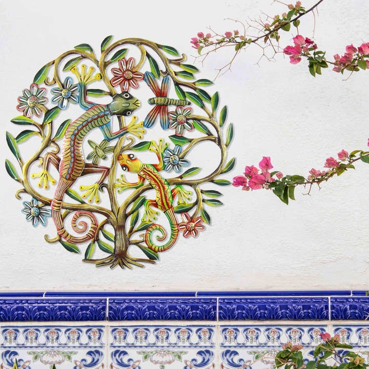 Global Crafts - Wholesale Dimensionele/3D-muurkunst - 24 „Levensboom met Gecko Haïtiaanse metalen trommel muurkunst1