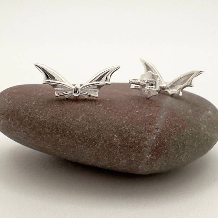 Midnight Flutter: Sterling Silver Bat Stud Earrings for wholesale by The Green Gecko