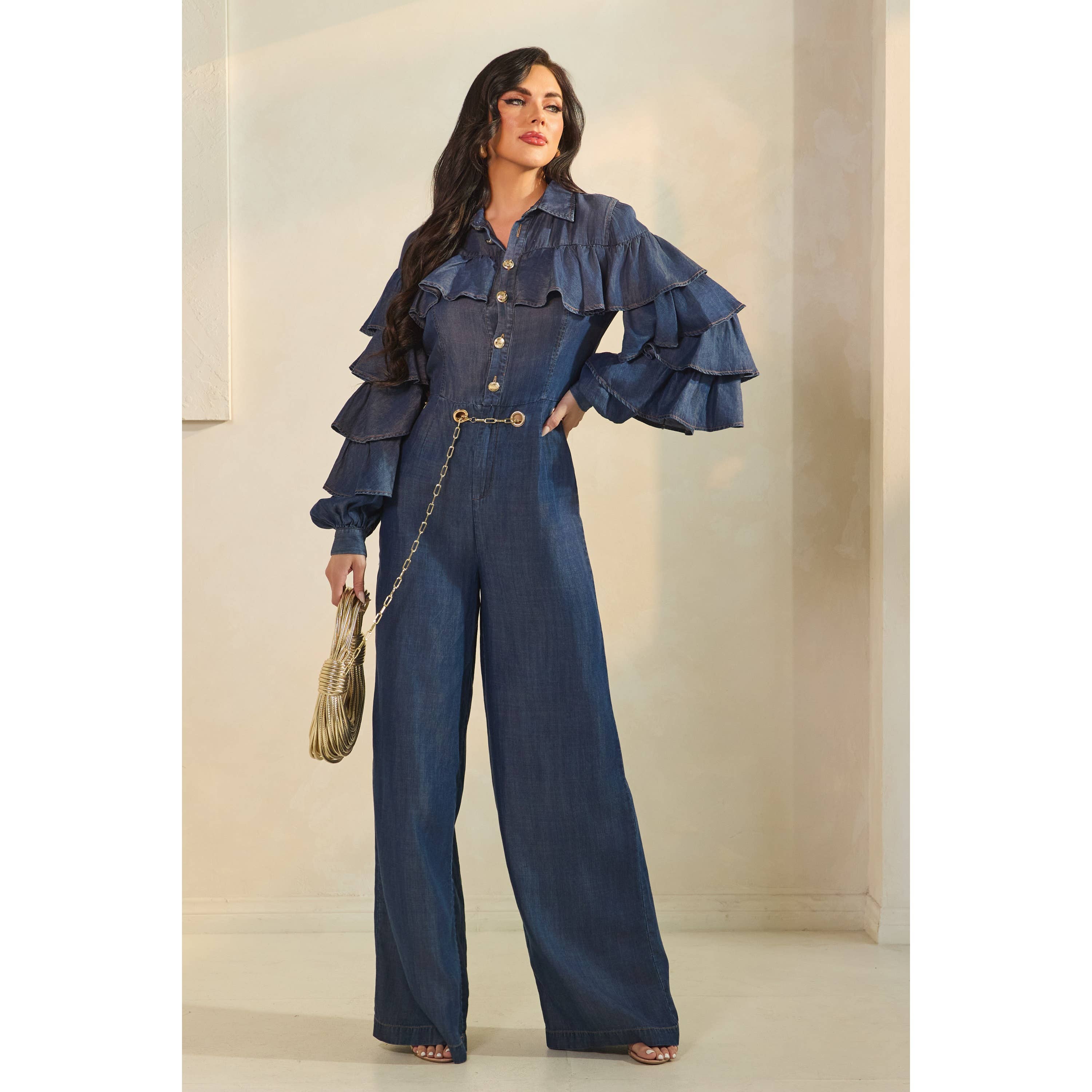 MEZCLILLA MONO CON MANGAS DE VOLANTES EN CAPAS Y DETALLE DE CINTURÓN CON OJALES de venta al por mayor en Faire2