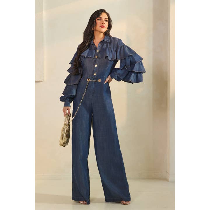 DENIM COMBINAISON À MANCHES VOLANTÉES SUPERPOSÉES AVEC DÉTAIL DE CEINTURE À ŒILLETS en vente sur Faire2