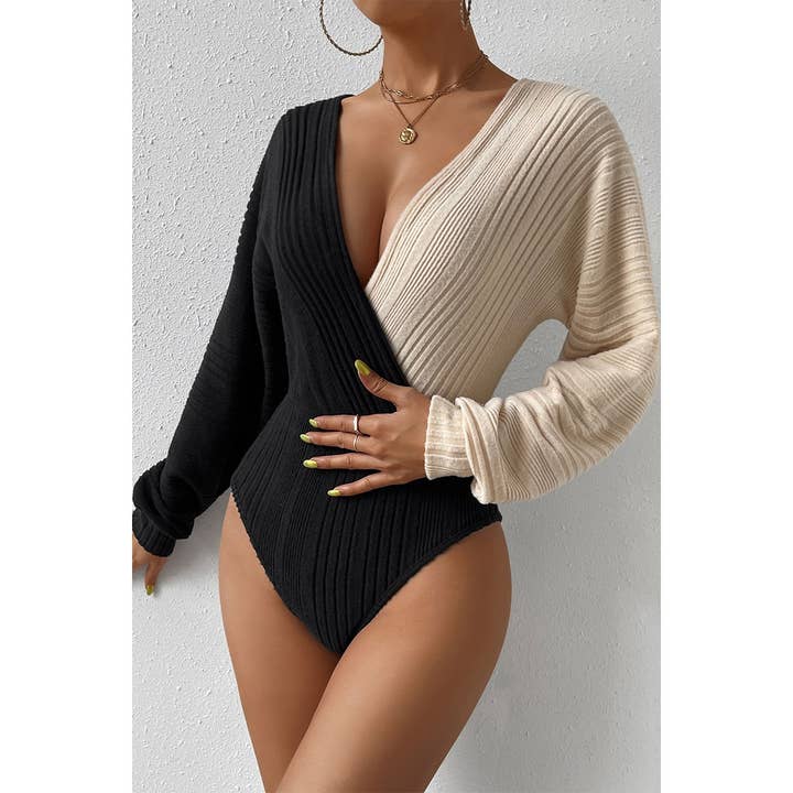 BLACK Off Shoulder Strip Knit Fit Wide Sleeve Bodysuit for wholesale on Faire1