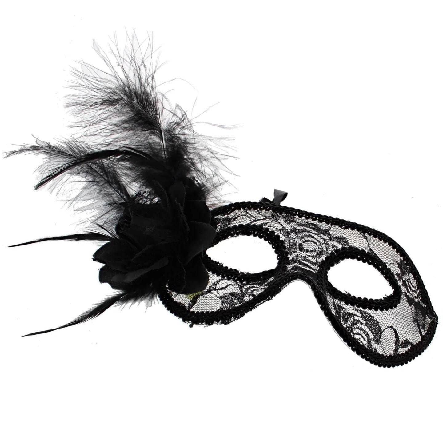 Topkids Accessories - Wholesale Costume - Unisex - Feather Masquerade Mask, Venetian Mask Halloween Mask, Masks for Masquerade Ball, Fancy Dress Adult, Cosplay accessories, Black Lace, Halloween Masks1