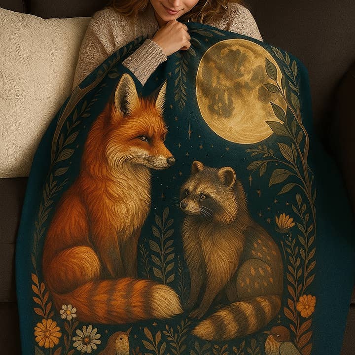Upside Down Owl Farm - Vente Plaids - Couverture en velours peluche Forêt Enchantée, Renard et Raton Laveur3