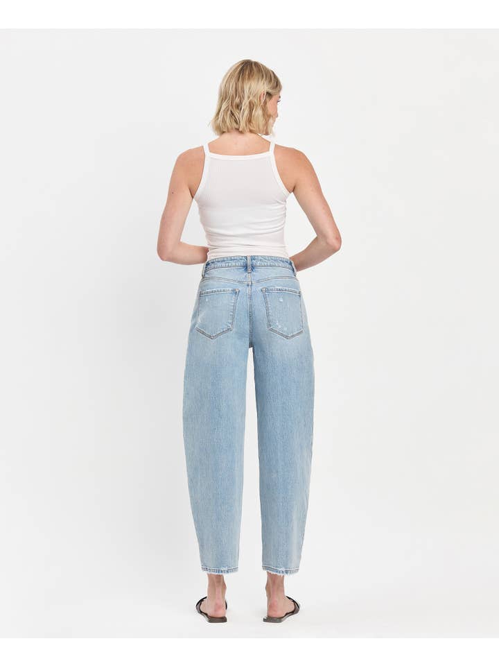 DEXTEROUSLY SUPER HIGH RISE PANEL DETAIL BARREL JEANS T6610 for wholesale on Faire