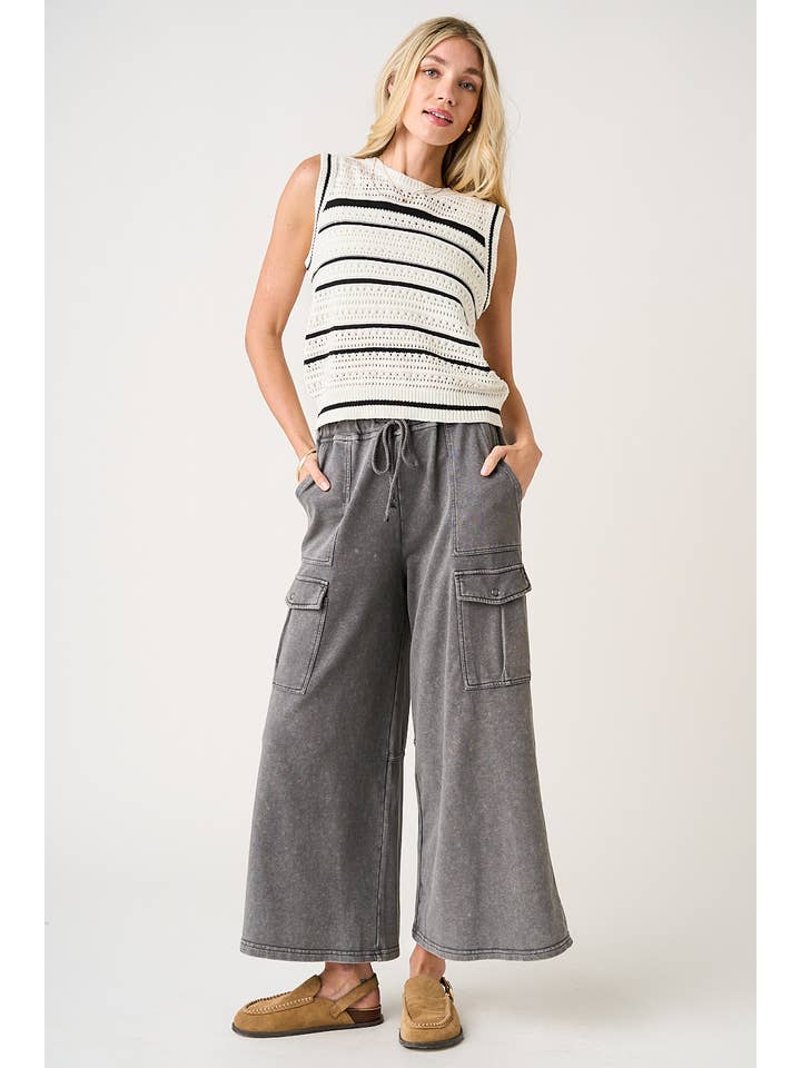 mittoshop - Wholesale Pants - Women's - WASHED FRENCH TERRY CARGO ELASTIC WAIST WIDE LEG PANTS19