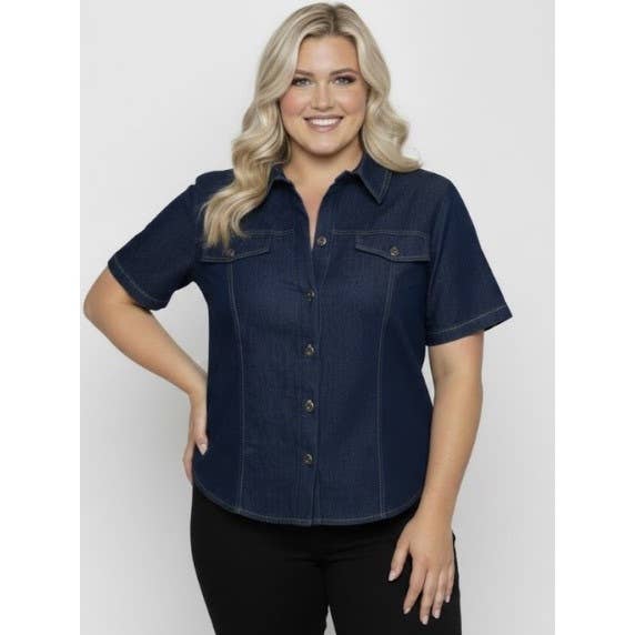 PLUS SIZE DENIM COLLARED BUTTON DOWN SHORT SLEEVE JACKET for wholesale by Curve Market