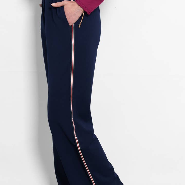 Margot Wide Leg Trousers- Navy Blue/Red, Stripe for wholesale by Sarta