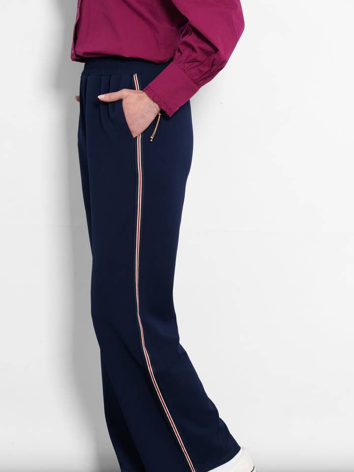 Sarta - Wholesale Pants - Women's - Margot Wide Leg Trousers- Navy Blue/Red, Stripe0