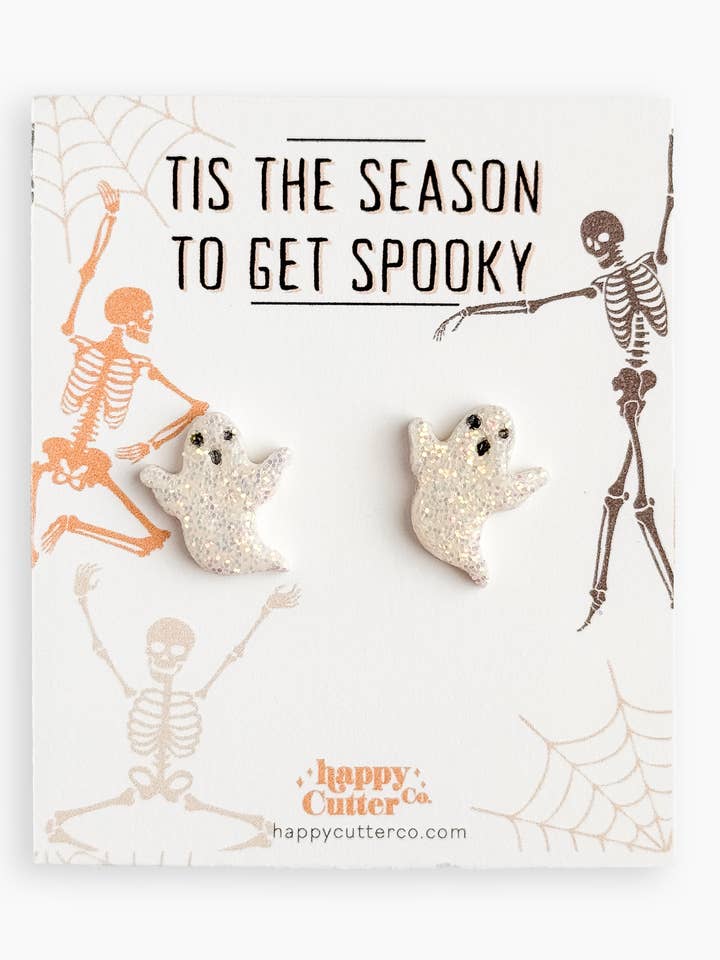 Halloween Studs – White Glitter Ghost Clay Earrings for wholesale by Happy Cutter Co