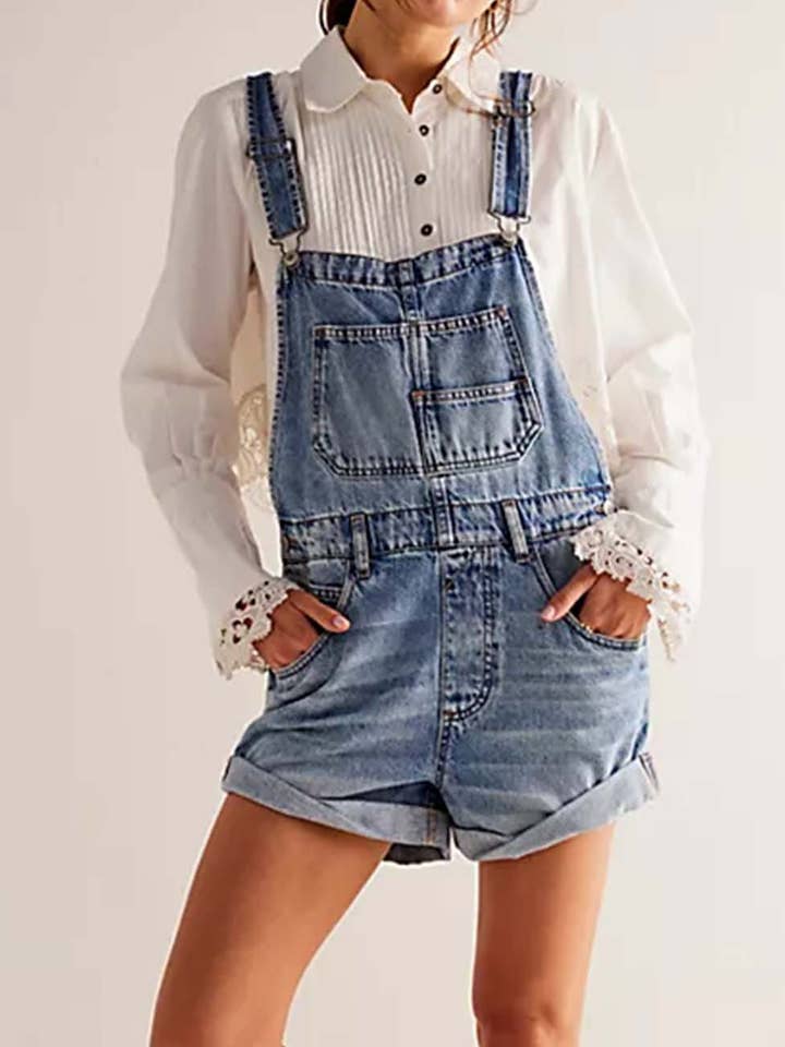 Sweetkama - Wholesale Romper - Women's - Ladies Solid Color Pocket Roll Denim Romper0