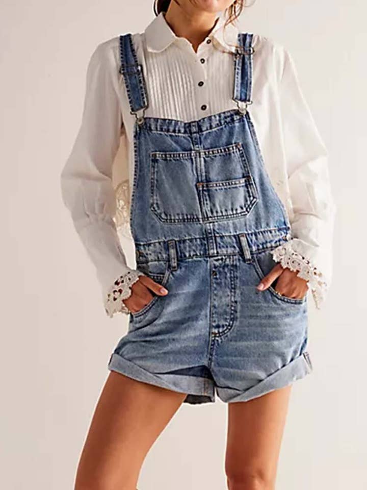 Ladies Solid Color Pocket Roll Denim Romper for wholesale by Sweetkama