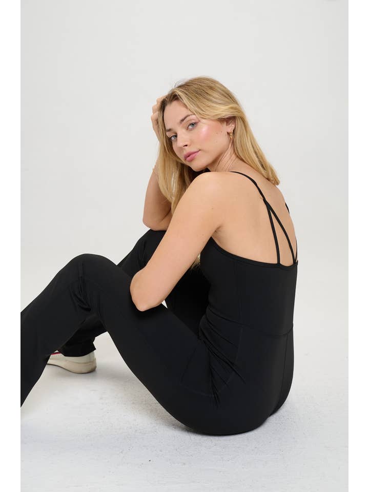 Color 5 - Wholesale Activewear Set - Women's - Solid black color premium active wear straps flare jumpsuit