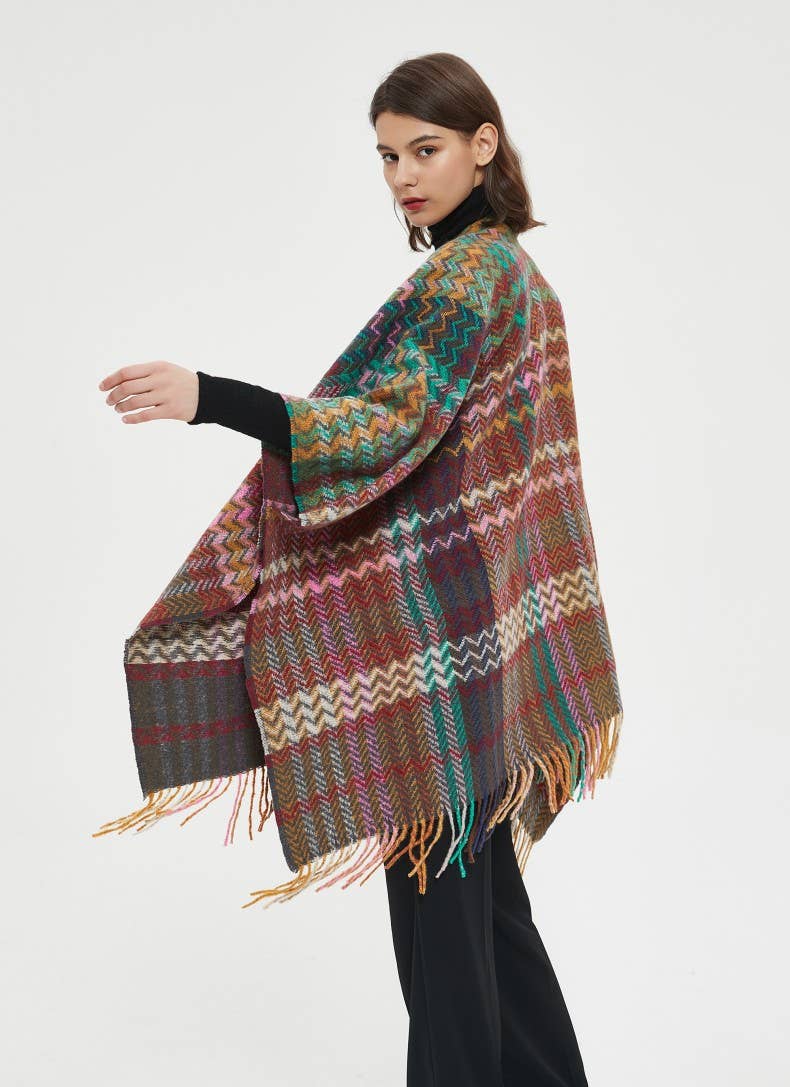 ePretty - Wholesale Poncho - Women's - Multi Color Chevron Printed Knit Wrap with Tassels Z1-PJP1212