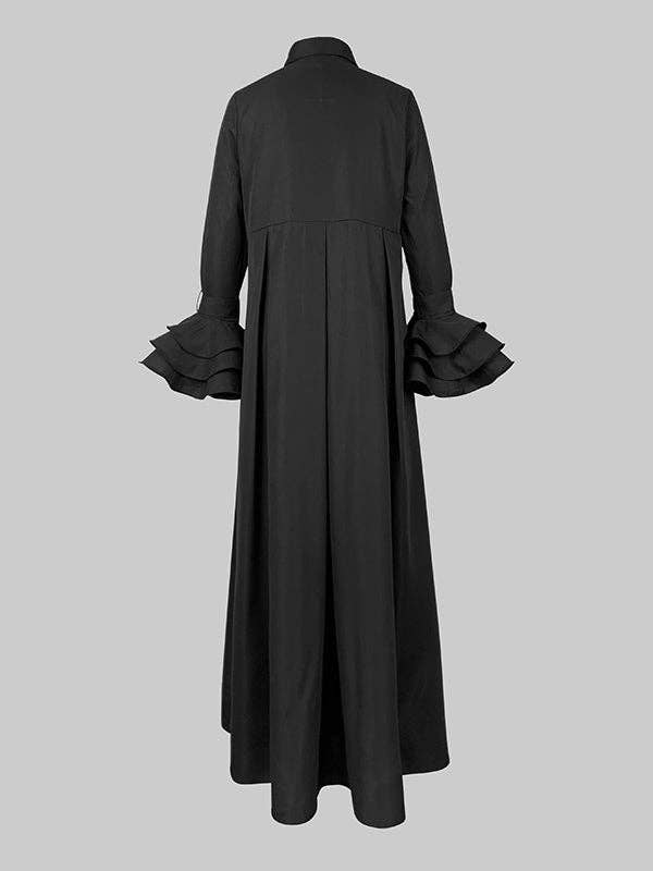 Sheer Trend - Wholesale Dress - Women's - Flared Sleeve Pleated Solid Split Lapel Shirt Dress