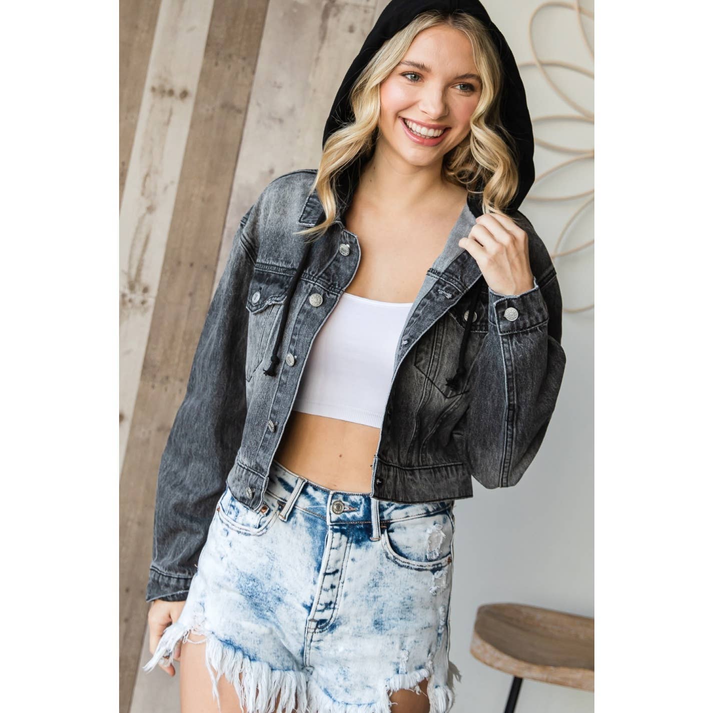 Washed Black Cropped Denim Hood Jacket for wholesale on Faire2