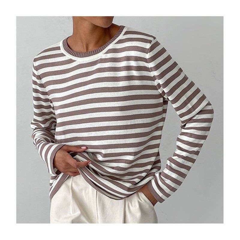 UZ Wholesale Store - Wholesale Knit Sweater - Women's - Striped Knit Sweater with Round Neck and Contrast Color7