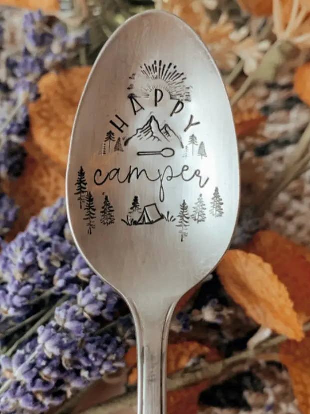 Happy Camper stamped spoon, vintage silver, handmade, gifts for wholesale by The WildSmith