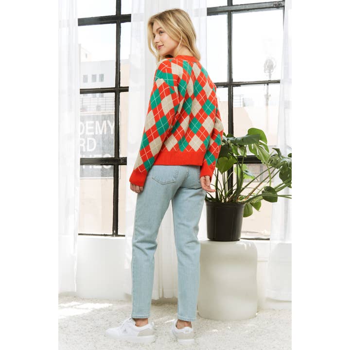 Sweet Generis - Wholesale Knit Sweater - Women's - HOLIDAY ARGYLE PATTERN DROP SHOULDER PULLOVER SWEATER12