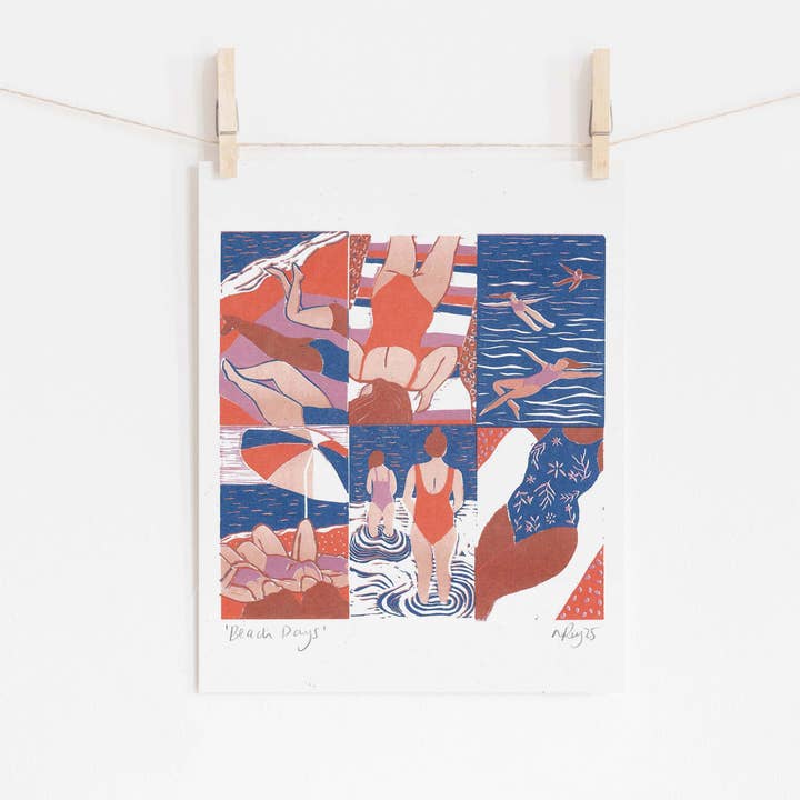 Prints by the Bay – wholesale Art print – Beach Days riso, women, sea, sand, beach, summer, swim, sun