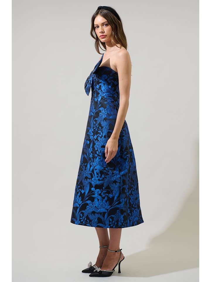 Noir cobalt Robe midi sans bretelles à nœud Lola en jacquard fleuri Vernonia en vente sur Faire