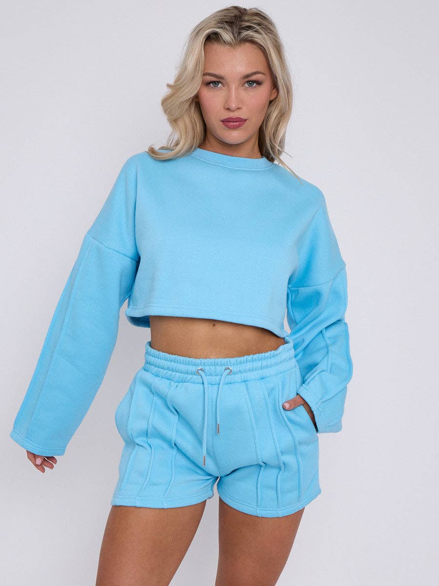 AX Labels - Wholesale Lounge Set - Women's - Seam Detail Oversized Crop Top & Shorts Fleece Co-ord55