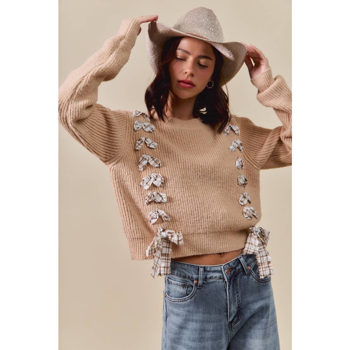 IVE - Wholesale Knit Sweater - Women's - Checkered Plaid Tape Lace Up Sweater Top2