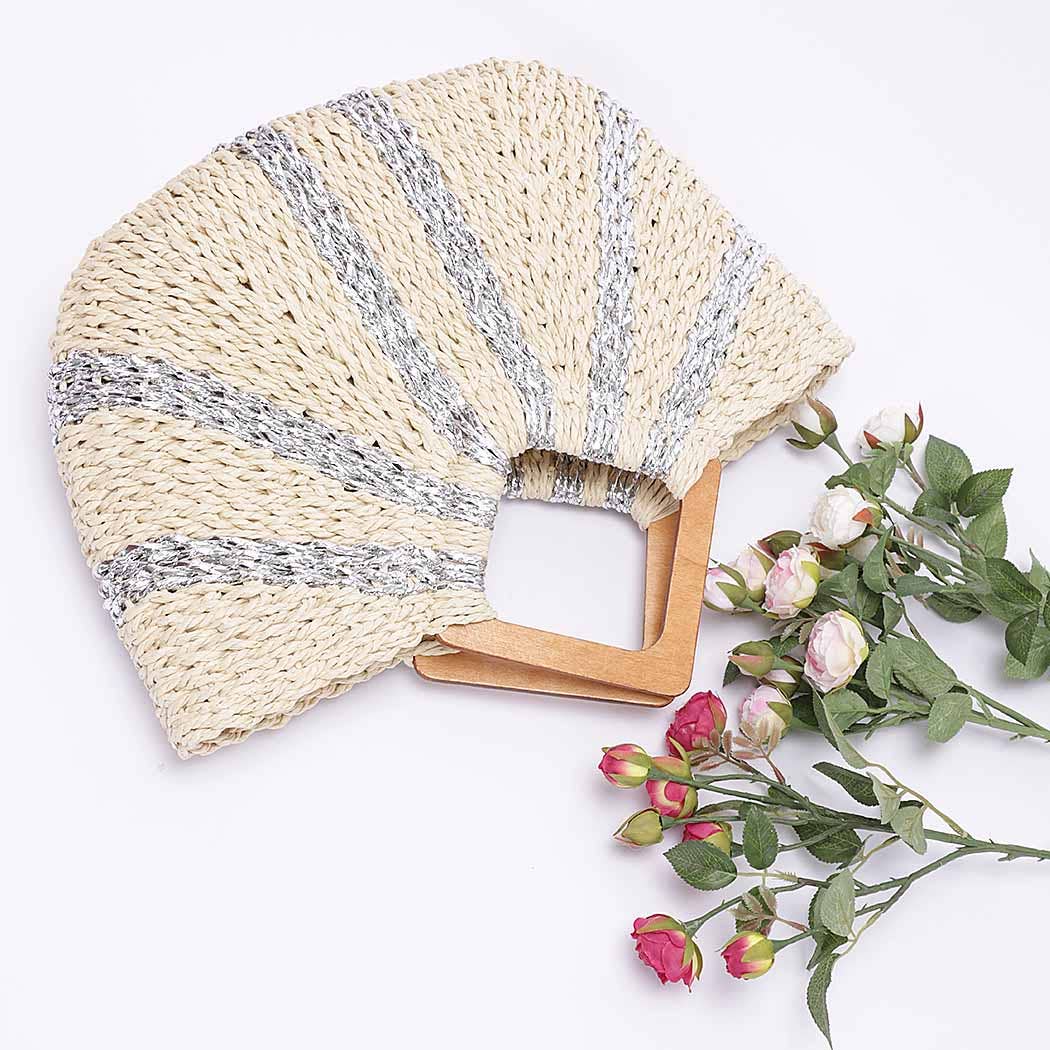 3AM BY H&D ACCESSORIES - Vendita all'ingrosso Borsa da spiaggia - Borsa artigianale effetto paglia con manico in legno e righe metalliche1