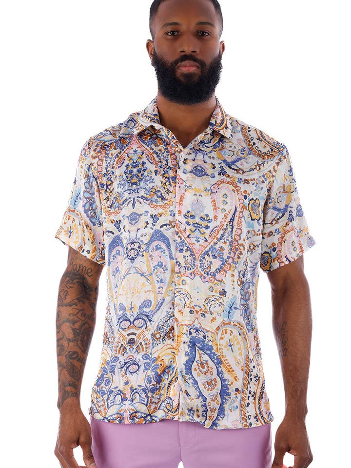 BARABAS - Venta al por mayor Camisa con botones - Hombre - Camisas de manga corta con estampado floral de cachemir para hombre 4SST15