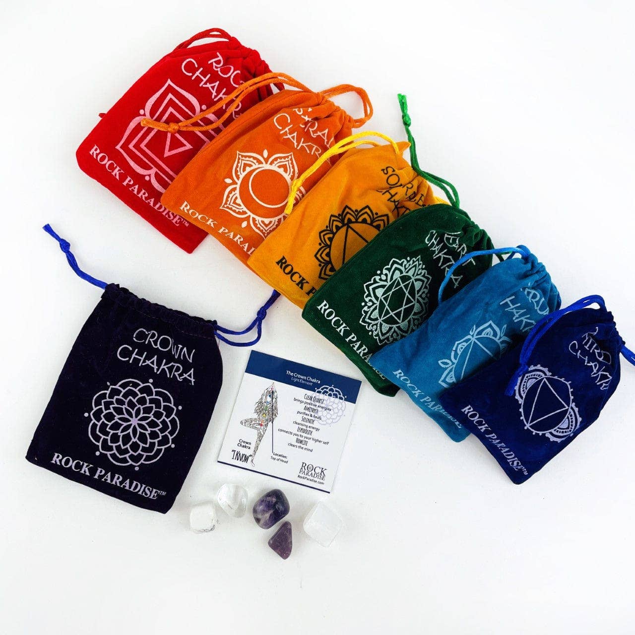 Rock Paradise - Wholesale Spiritual Stone/Crystal - Crystal Chakra Plush Pouch with Info Card & Tumbled Stones6